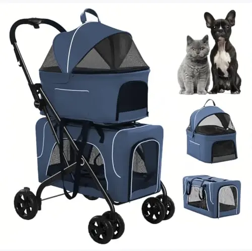 upnorthstar pet stroller in navy blue with two detachable carriers