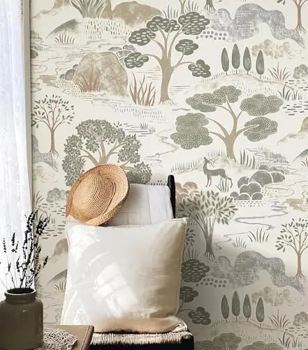 Erfoni boho forest removable wallpaper with trees, bushes and wildlife in green, brown and white