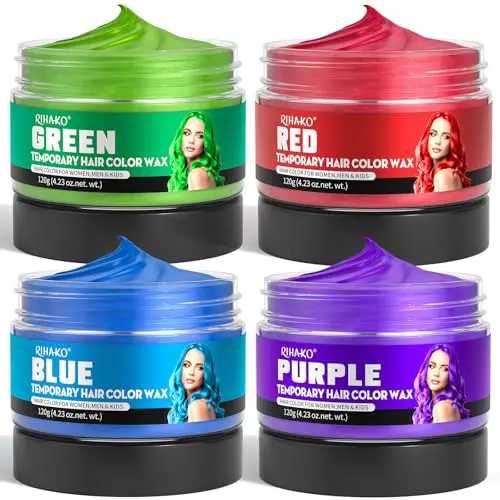 RIHAKO temporary hair color wax in blue, green, purple, and red