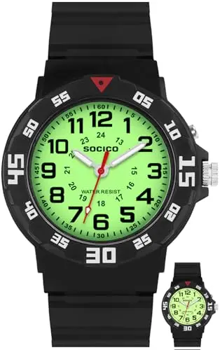Kids analog watch with built-in light for easy reading