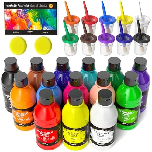 Nicpro washable paint set with brushes, spill-proof cups, and sponges for kids