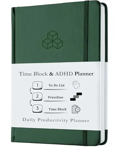 Green time blocking ADHD planner notebook with undated pages and durable cover