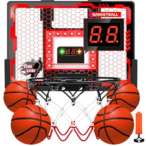 SHENGYING Indoor Basketball Hoop Pro with electronic scoreboard and LED lights mounted on a door