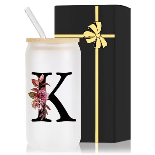 Wulcea frosted glass drinking cup with bamboo lid and monogram letter