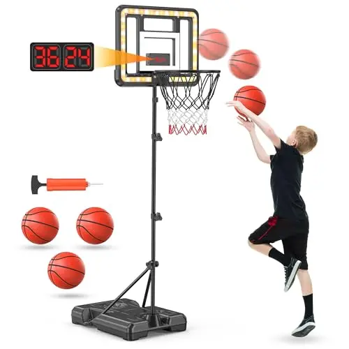 FLYBAKIZ kids indoor basketball hoop with timer, scoreboard, and voice feedback system