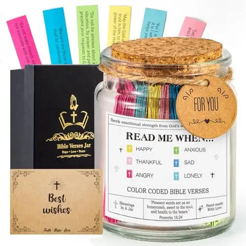 Sensrola glass jar filled with colorful Bible verse cards in a gift box