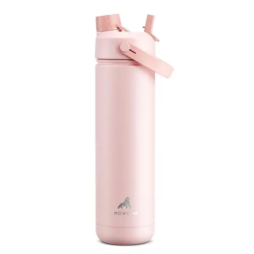 POWCAN insulated water bottle with 2-in-1 straw and spout lid in cotton candy color