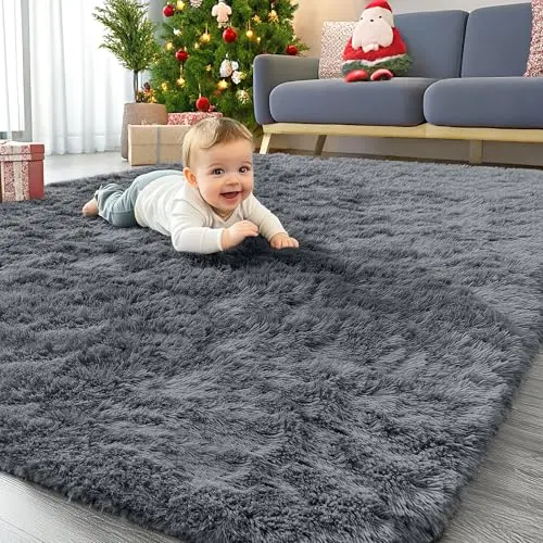 OLANLY grey fluffy area rug with modern design for kids rooms