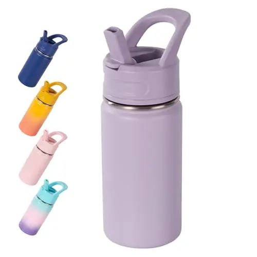 Fijinhom kids stainless steel water bottle in purple color with straw lid