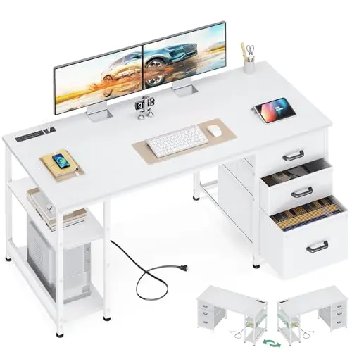 AODK computer desk with file drawers and USB power outlets