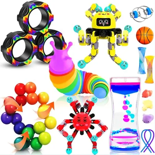 Dr.Kbder 15-piece fidget toy set with sensory slug, magnetic rings, and squeeze balls