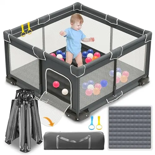 ICAREWAY foldable baby playpen in dark gray with two pull-up handlers