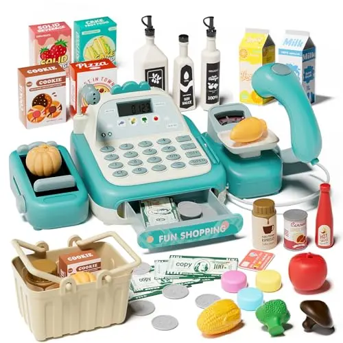 STACTCUTE green cash register toy with calculator and grocery accessories