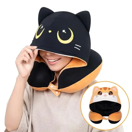 MEWAII kids travel neck pillow with hood in orange color showing reversible cat design