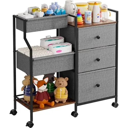 Modanais 3-tier rolling cart with fabric drawers and dividers in grey