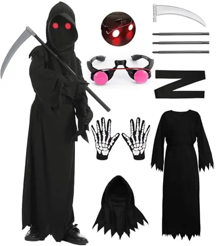 Grim reaper costume with glow-in-dark gloves and red-eyed mask for kids