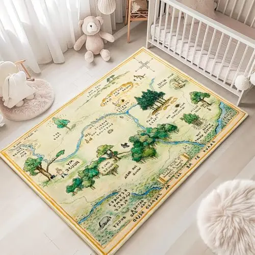 Estmy green woodland themed washable rug for kids room