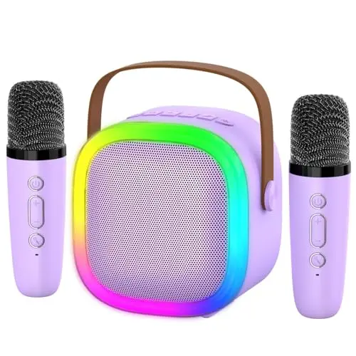 zicor portable karaoke machine with LED lights and wireless microphones