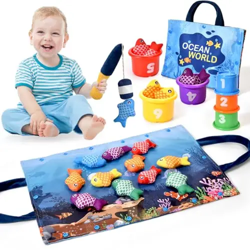 Montessori fishing toy set with colorful fish and stackable buckets