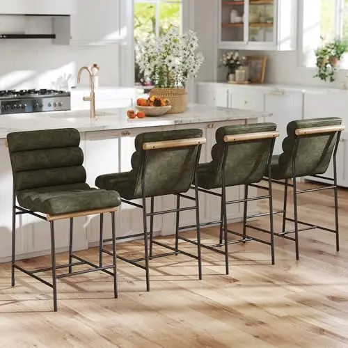 WAHSON green leather channel tufted counter stools