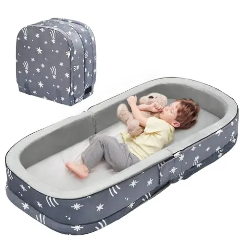 Lvemilio light gray foldable toddler travel bed with velvet fabric