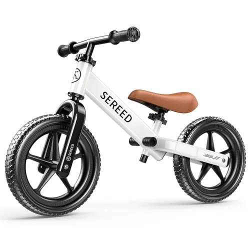 SEREED 12 inch toddler balance bike in white with customizable plate