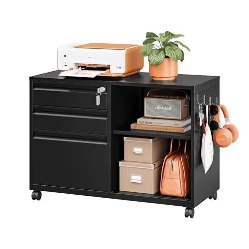 LISSIMO black metal lateral file cabinet with open shelves and locking drawers