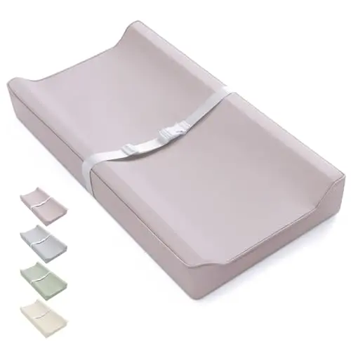 Blissful Diary vegan leather changing pad in taupe color on a dresser