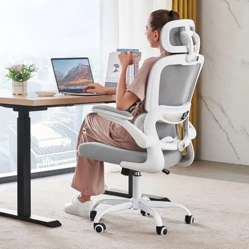 TRALT grey mesh office chair with adjustable headrest and lumbar support