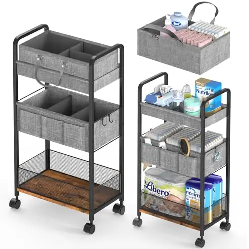 LIDTOP 2-in-1 rolling diaper cart with removable top basket in black