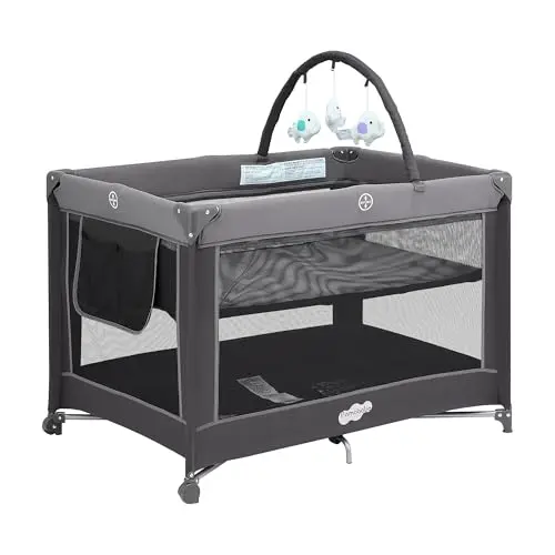 Pamo Babe portable playpen with detachable bassinet in charcoal gray
