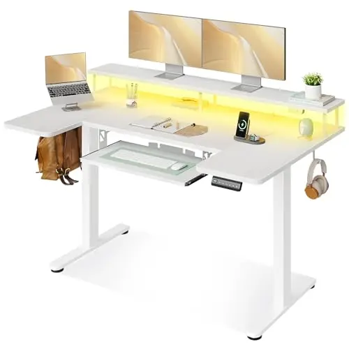 OffiGo U-shaped electric standing desk with keyboard tray and LED lights