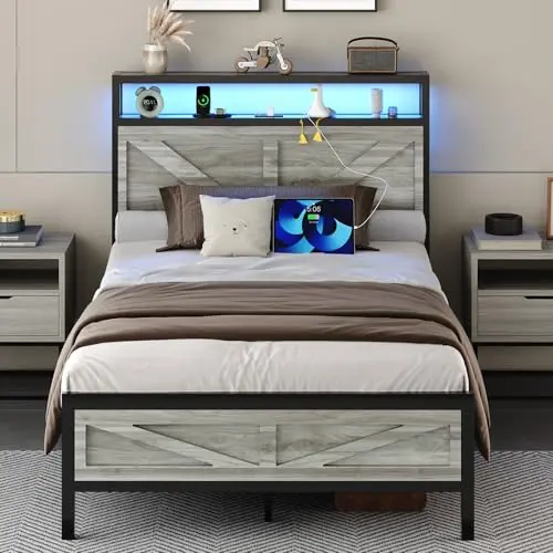 CHABUILDREARK twin bed frame with rustic barn door headboard and LED lights