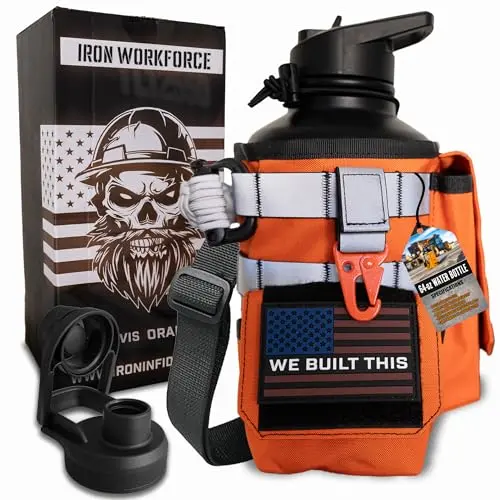 Iron Infidel Workforce 64oz insulated water bottle with hi-vis sleeve and molle attachments