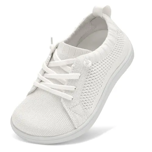 LeIsfIt toddler wide barefoot sneakers in white with pull tabs and elastic openings