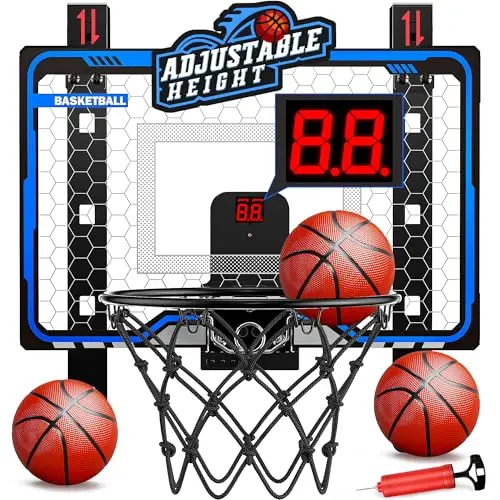 HOPEROCK adjustable height indoor basketball hoop with electronic scoreboard mounted on a door