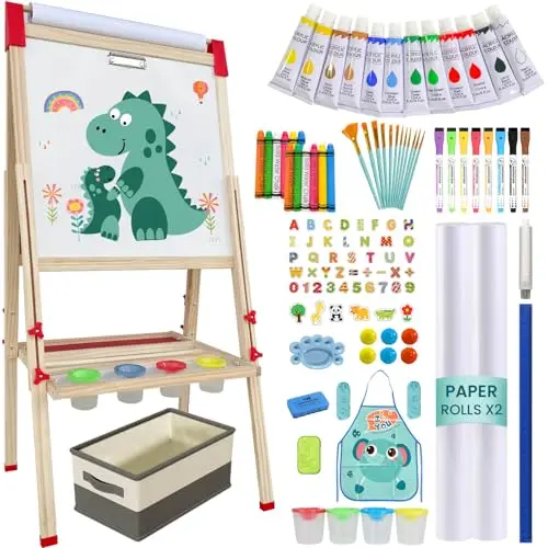 SUNFATT wooden art easel with multiple drawing surfaces and extensive art supplies