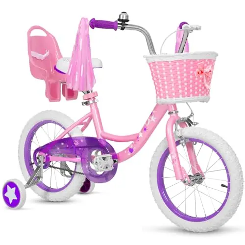 WEIZE 14 inch pink kids bike with training wheels, streamers, and basket