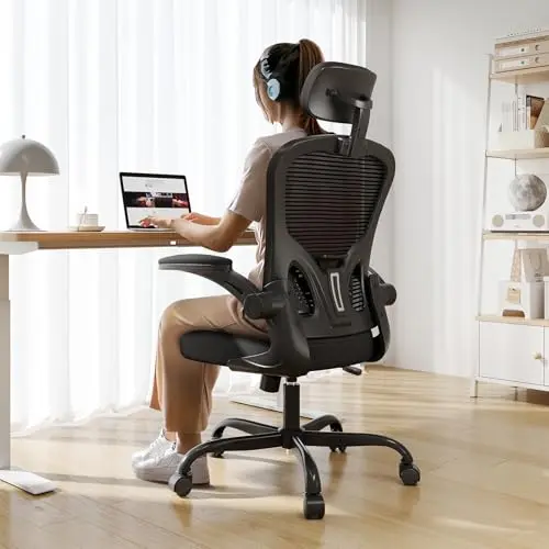 Synorla black ergonomic office chair with flip-up armrests