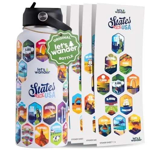 LET'S WANDER 32 oz insulated stainless steel water bottle with 50 states stickers