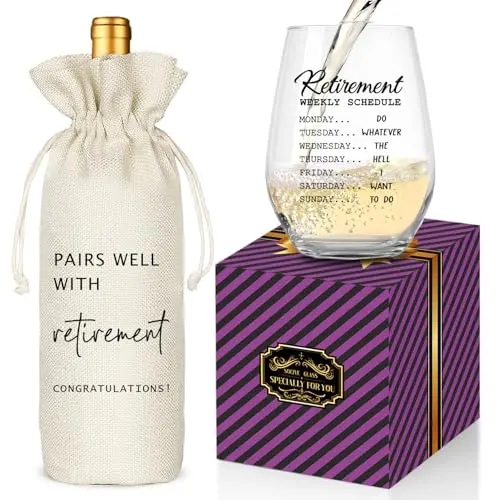 Socive retirement wine glass and linen bag set with retirement theme
