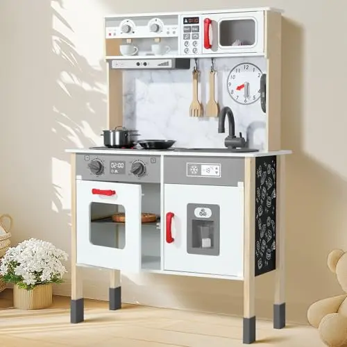 Uiirvdy Wooden Play Kitchen with adjustable height and accessories