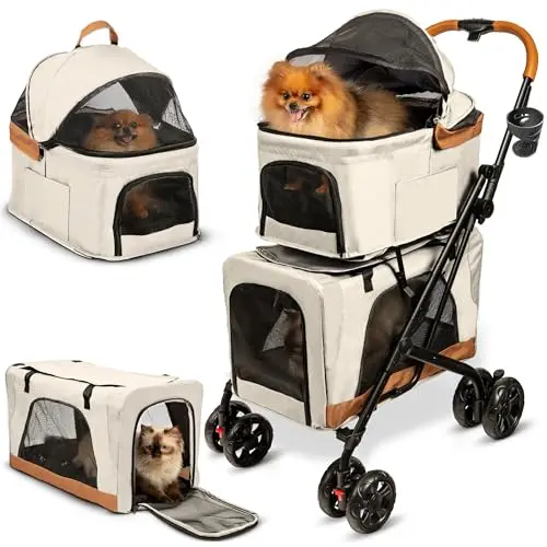 PAWLALA double pet stroller in cosmic beige with detachable carriers