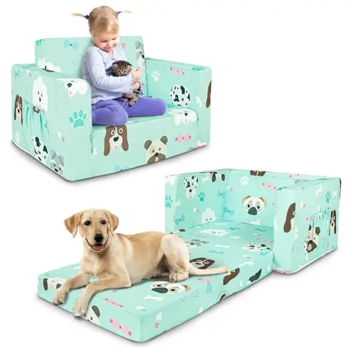Beavtaens kids fold-out sofa with green dog pattern in L-shape