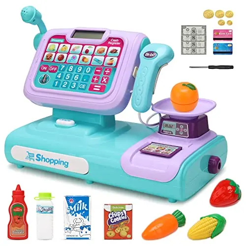 POQCCT blue cash register toy with talking calculator and accessories