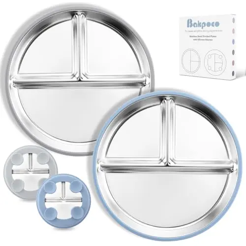 Bakpoco stainless steel divided plate with removable silicone suction sleeve in blue and gray