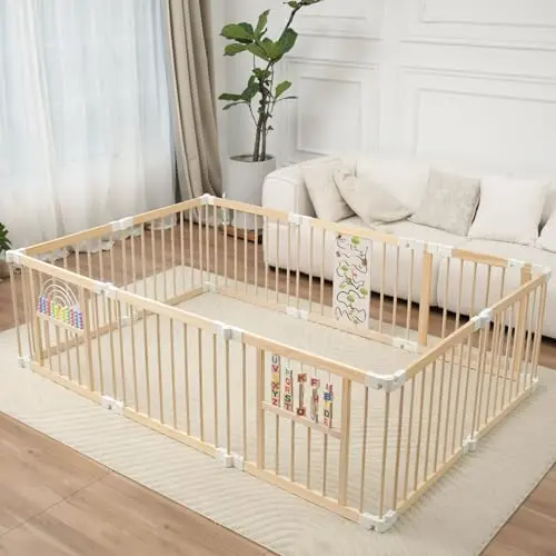 ULNXIY foldable wooden playpen with built-in activity toys