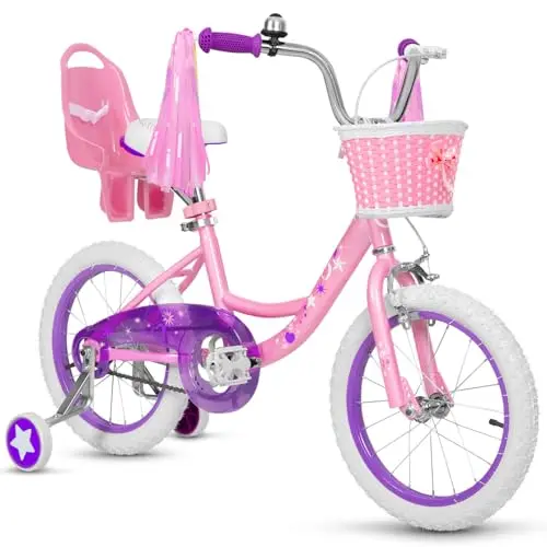 WEIZE 16 inch pink girls bicycle with training wheels, basket, and doll seat