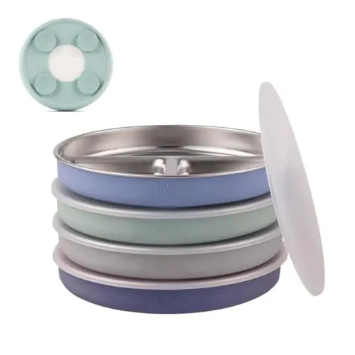 Elk and Friends stainless steel divided plates with silicone suction sleeves and plastic lids in assorted colors