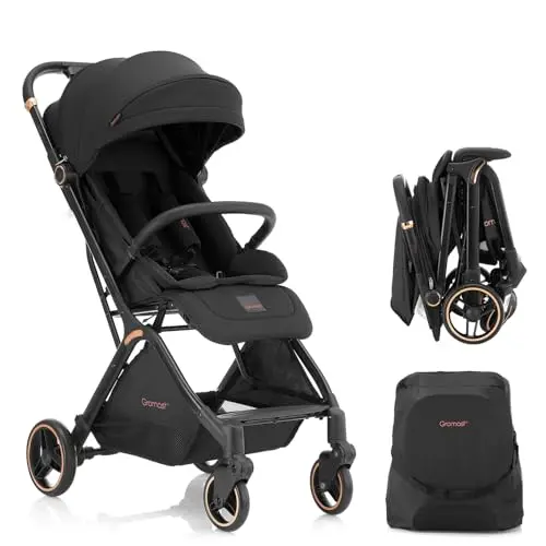 Gromast Gravity stroller in black showing gravity-assisted folding and wheels